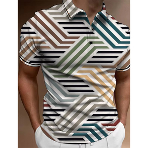 Polo con estampado 3D divertido de geometría para hombre, camiseta con patrón de bloques a rayas, camisa de verano informal con cuello de solapa, de alta calidad premium. - Product Image 5