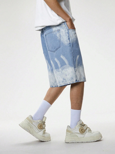 <b>mens</b> light blue acid wash denim shorts bleached graphic urban style baggy jort silhouette loose fit classic five pocket design - Product Image 4