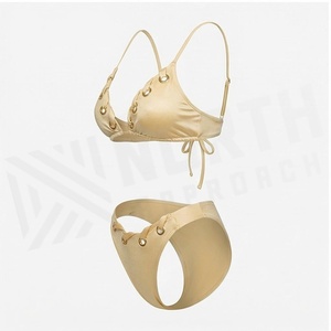 Women's Beige <b>Bikini</b> <b>Set</b> With Ring Detail Lace-Up Top And Tie Side Bottoms - Product Image 3