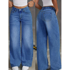 Jean en denim délavé taille haute pour femme, coupe ample, jambe large, longueur intégrale, bleu uni, style décontracté, collection printemps - Product Image 2