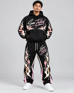 Ensemble survêtement Sam Tactical pour homme, imprimé flamme noire, sweat à capuche et pantalon, manches longues, coupe ample, streetwear, collection automne, prix de gros, OEM - Product Image 1