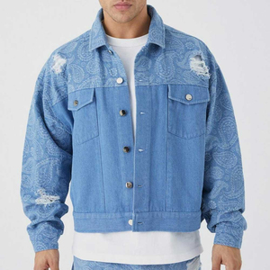 Veste en jean pour homme, imprimé paisley bleu, coupe décontractée, col rabattu, style printemps, veste en coton tissé - Product Image 1