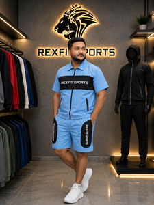 REXFIT SPORTS 2026 Conjunto Deportivo para Hombre, Azul Cielo, Algodón y Poliéster, Manga Corta, Chaqueta con Cierre Completo y Pantalones Cortos, Ropa Deportiva Casual - Product Image 3