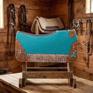 Almohadilla de Silla de Montar Western de Algodón Teal con Ribete de Cuero Marrón y Forro de Lana para Montar a Caballo, 100% Lana, Cómoda - Product Image 4