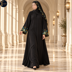 Abaya florale turquoise et or pour femmes avec poignets festonnés, robe fluide noire |   Robe modeste avec bordure de châle brodée - Product Image 2