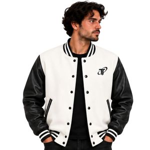 Chaqueta Acolchada Varsity con Capucha para Hombre, Blanca y Negra, Impermeable, Resistente al Viento, Mangas de Poliéster, Cierre de Cremallera, Ribete a Rayas - Product Image 1