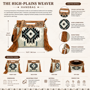 Sac à main en cuir et laine tissé à la main avec franges pour femmes |   Sac à bandoulière à motif géométrique en cuir de vachette |   Qualité d'exportation supérieure en provenance d'Inde - Product Image 2