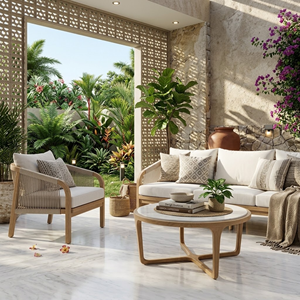 Ensemble de mobilier de salon de jardin moderne en teck tropical et corde, pour usage commercial, hôtels, complexes hôteliers, piscines, patios, villas, terrasses et clubs, incluant canapé et fauteuils - Product Image 1