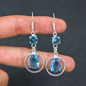 Boucles d'oreilles personnalisées en topaze bleue, style bohème, faites à la main, 1,90 pouce, bijoux en argent sterling 925 - Product Image 1