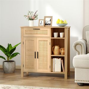 Credenza per Sala da Pranzo in Rattan Naturale con Cassetto Estraibile e 3 Ripiani Aperti Regolabili, Mobile con 3 Posizioni di Ripiano - Product Image 2