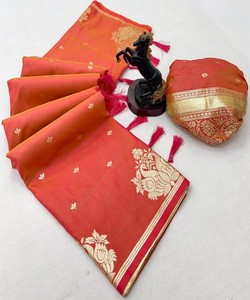 <b>Red</b> Silk <b>Saree</b> with Gold Embroidery Traditional Indian Wedding & Party Wear High-quality Evergreen Design for Women - Product Image 1