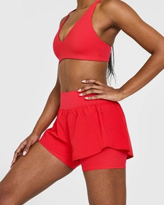 2026 Latest Muscle Mommy Red Unified Double <b>Layer</b> Men Shorts Elastic Waist Solid Zip Pocket <b>Mid</b> Waist 2 1 Shorts Sweat Wicking - Product Image 3