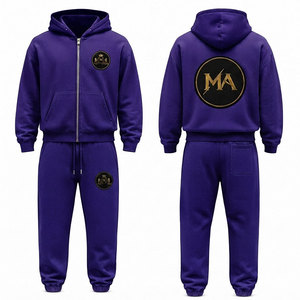 Ensemble de survêtement à capuche violet 100% coton avec fermeture éclair intégrale, poche avant et patch brodé appliqué 480 g/m² - Product Image 1