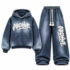 Conjunto de Sudadera con Capucha y Pantalones Deportivos de Poliéster/Algodón de Peso Medio, Transpirable y Ecológico, Azul Lavado, Estilo Hip Hop, Corte Holgado - Product Image 1