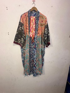 Robe kimono en soie patchwork, veste bohème, paréo de plage d'été avec col en V et fermeture à cordon, tissu respirant - Product Image 6