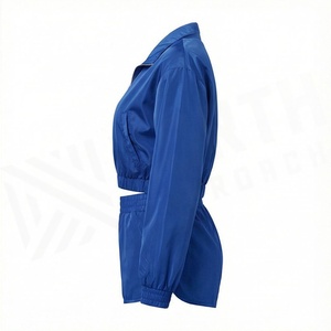 Conjunto Deportivo de 2 Piezas para Mujer, Color Azul, Manga Larga, Cierre de Cremallera, Cuello Alto, Pantalones Cortos por Encima de la Rodilla, Color Sólido, Estilo Deportivo, Corte Regular - Product Image 3