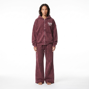 Hot Selling Women’s Full <b>Zip</b> Hoodie Acid Wash Distressed Wide Leg Flared <b>Jogger</b> Cotton Fleece Breathable Two Piece - Product Image 1