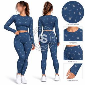 Conjunto de yoga de 2 piezas para mujer, estampado floral, top corto de manga larga, cintura alta, leggings largos, ropa deportiva - Product Image 2