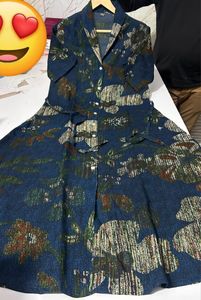 Vestido Maxi Tipo Camisa con Cuello y Estampado Floral Azul para Mujer, de Manga Corta, Tejido, Casual, Veraniego, Transpirable, Corte Relajado, Línea A - Product Image 3