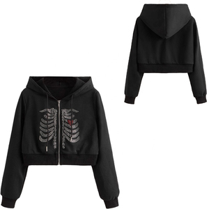 Custom Women's Rhinestone <b>Zip</b> <b>Up</b> Hoodie Black Skeleton Rib Cage Crystal <b>Cropped</b> Hoodie Full <b>Zip</b> Streetwear Wholesale OEM - Product Image 6