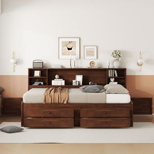 Cama de Madera Estilo Capitán, Tamaño Completo, Color Marrón Antiguo, con Estantes de Almacenamiento Integrados, 4 Cajones y 2 Armarios - Product Image 3