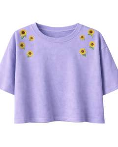 Camiseta Corta de Algodón para Mujer con Bordado de Girasol y Lavanda, Manga Corta, Ajuste Holgado Casual, Moda de Verano, Diseño Floral, Venta al por Mayor - Product Image 1