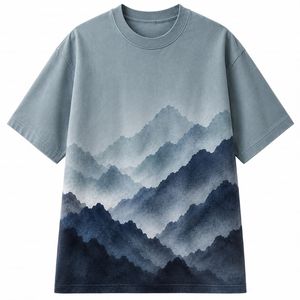 เสื้อยืดแขนสั้นทรงปกติสำหรับผู้ชาย พิมพ์ลายดิจิทัลด้านหน้า ลายภูเขาไล่เฉดสี คอกลม ผ้าถักลำลอง 100% ผ้าฝ้าย - Product Image 4