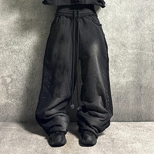 Pantalon Harem Homme Noir Respirant à Taille Élastique avec Cordon de Serrage, Déchirures Décontractées, Mi-Épais, en Tissu Peigné Anti-Boulochage, Lavage Acide, pour l'Automne - Product Image 2