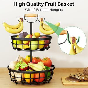2 Tier Fruit <b>Basket</b> with Dual Banana Hanger Wooden Handle Metal <b>Wire</b> Fruit Bowl Kitchen Counter Storage Organizer - Product Image 3