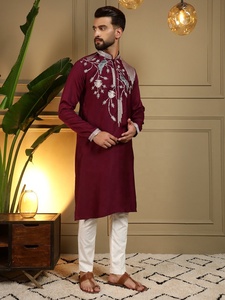 <b>Men</b> Maroon Embroidered <b>Kurta</b> With White Pyjama Regular Fit Traditional Indian Pakistani Wedding Wear Knee-Length - Product Image 4