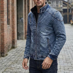 Chaqueta vaquera ajustada para hombre, con cuello alto, cierre de cremallera, color azul lavado, estilo casual para motocicleta - Product Image 4