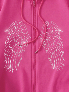 Sweat-shirt à capuche oversize rose pour femme avec logo personnalisé Y2K, ailes d'ange en strass, fermeture éclair, streetwear, bling, graphisme cristal. - Product Image 4