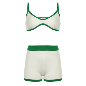 Women's White Green Color Blocked Ribbed 2-Piece Sport <b>Set</b> Strapless Bra & Shorts Quick Dry <b>Knitted</b> Gym Activewear Summer - Product Image 6