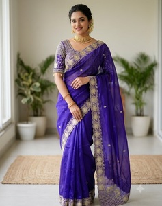 Indian Traditional Ethnic Satin Silk Saree with Embroidery <b>Sequins</b> Work for Wedding Occasion and Festive Function for Women Wear - Product Image 1