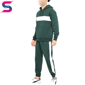 Men's Dark Green Hooded <b>Tracksuit</b> With <b>White</b> Stripe Color Blocking Full Length Casual Autumn Wear 100% Cotton Side Pockets - Product Image 2