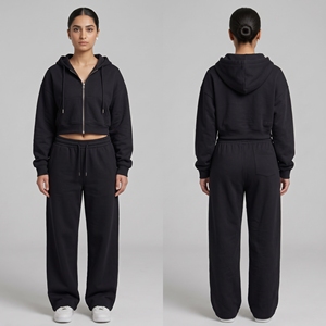 Custom <b>Women</b> 2 Piece Set Cropped Zip Up Hoodie <b>Jogger</b> Sweatpants Tracksuit <b>Fleece</b> Sportswear Wholesale OEM China Manufacturer - Product Image 3