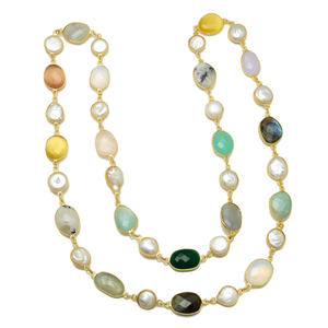 Collar de 32 pulgadas de largo con engaste sin fin, de alta calidad, con múltiples piedras, chapado en oro, de latón, estilo vintage, para fiesta, unisex, elegante, regalo. - Product Image 1