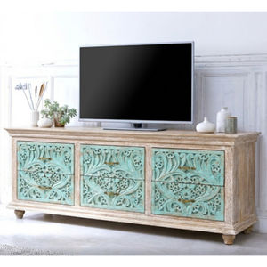 Cómoda de madera maciza india turquesa con acabado natural, hecha a mano, tallada, estilo oriental, para TV, uso en hogar, oficina o dormitorio, OEM - Product Image 1