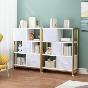 Libreria Bianca a 4 Ripiani con Cornice Dorata, 3 Gambe Alte, Struttura in Ferro e Tessuto Non Tessuto, Dimensioni 80*30*103cm - Product Image 4