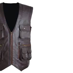 Hot Selling <b>Men's</b> Genuine <b>Leather</b> V-Neck Zipper Front Multiple Pockets <b>leather</b> <b>waistcoat</b> Regular Fit Autumn Style - Product Image 5