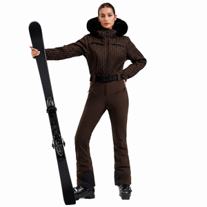 Chaqueta de esquí marrón para mujer con capucha de piel, cierre de cremallera, impermeable, aislamiento sintético para tecnología, 220g, en stock. - Product Image 3