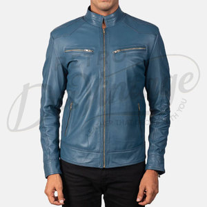 Veste en cuir véritable bleu turquoise pour homme, coupe ajustée, style motard, col montant élégant, manteau d'hiver urbain en cuir véritable - Product Image 3