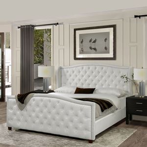 Set Letto Imbottito Marcella King-Size con Testiera in Poliestere Bianco Brillante, Letti Imbottiti Eleganti - Product Image 1