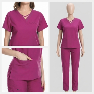 High Quality Custom Womens Criss Cross V Neck Medical Scrub Set Jogger <b>Nurse</b> Hospital Uniform Cotton Polyester - Product Image 6