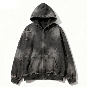 <b>Men's</b> Oversized <b>Purple</b> Tie Dye Zip Up <b>Hoodie</b> Punk Distressed Ripped Acid Wash Sweatshirt With Pocket - Product Image 2