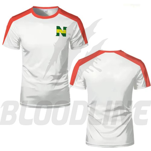 Camiseta Blanca con Mangas Raglán Azules, Logotipo Verde y Amarillo, Transpirable, de Poliéster, para Hombre, Talla Adulto, Servicio OEM, BLOODLINE - Product Image 2