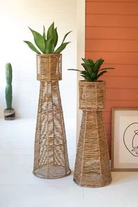 Vase décoratif haut en rotin tressé à la main, écologique et durable, style rustique contemporain, pour extérieur, support de plante, arrangement floral de mariage - Product Image 2