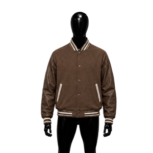 Veste universitaire classique marron confortable pour usage quotidien, avec manches en cuir, couleur unie, col rabattu, style décontracté - Product Image 1