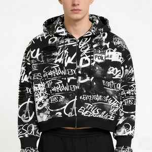 Sweat à capuche oversize pour homme, imprimé graffiti, fermeture éclair, streetwear, veste à capuche respirante en polyester tricoté, motif noir et blanc - Product Image 2
