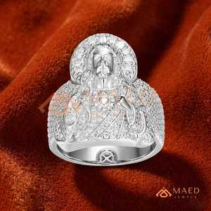 Men's Jesus Moissanite <b>Ring</b> Silver Tone <b>Iced</b> Out Round Baguette Cut Hip Hop Luxury Statement Jewelry Gift - Product Image 1